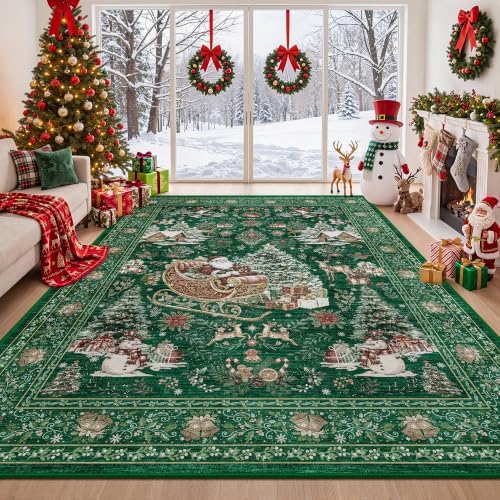 zesthome 8x10 Area Rugs, Washable Green Christmas Rugs for Living Room