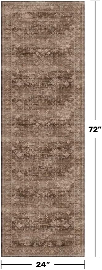 Brown Boho Washable 2x6 Runner Rugs for Hallway Kitchen Bedroom Beside Laundry Room Bathroom Rug, Pet & Kids Friendly, Non Slip Low Pile Stain Resistant Soft Faux Wool Long 24 x 72 Floor Carpet