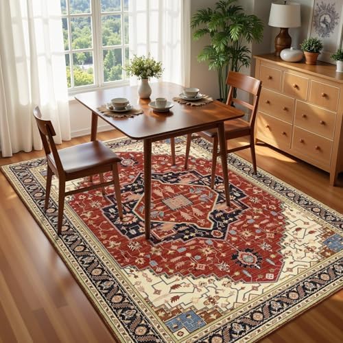 Macgace Washable Vintage Area Rug for Living Room, 6x9 Rugs Orange Red