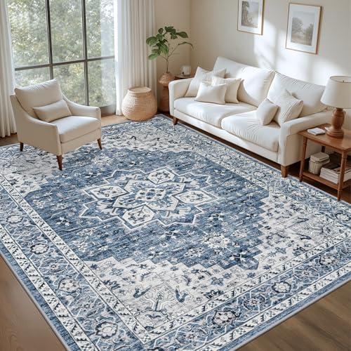 5x8 Area Rugs Living Room: Washable Vintage Rug for Bedroom Blue