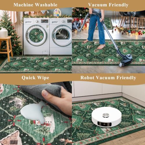 Christmas Decorations Kitchen Rugs Set of 3: Washable Non-Slip Kitchen Mat for Floor Snowman and Gnome Soft Vintage Farmhouse Runner Rug for Sink Floor Mats ＆Indoor, Hallway, Entryway, (Green)