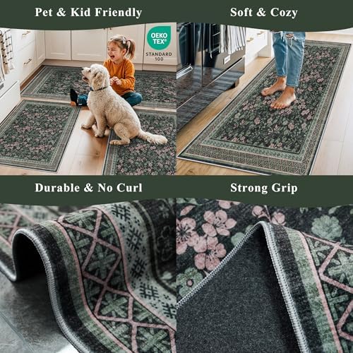 Kitchen Rugs 3 Piece Set, Washable Non-Slip Farmhouse Kitchen Mats for Hardwood Floor, Rustic Floral Boho Runner Rug for Sink,Entryway & Hallway & Bathroom (Dark/Green/Floral,2x3-2x4-2x5)