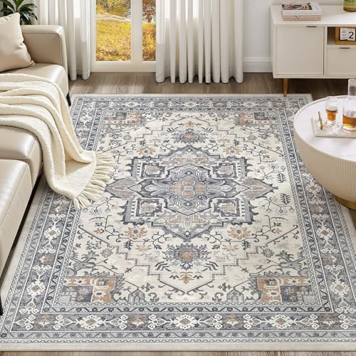 UERMEI 5x7 Area Rug Living Room Rugs - Washable Vintage Soft Large Rug Indoor Floor No Slip Rug Carpet for Bedroom Farmhouse Under Dining Table Home Office Decor - Grey-Orange