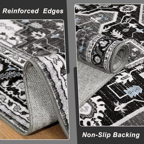 Macgace Washable Vintage Small Area Rug for Bedroom, 3x5 Rugs Black Grey