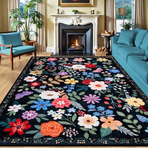 PLHXFR Area Rug 10x14 Living Room: Floral Washable Boho Soft Carpet Black