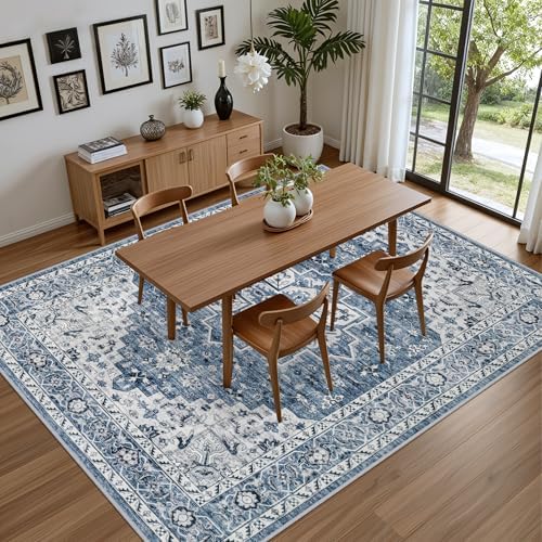 10x12 Area Rugs Living Room: Washable Boho Rug for Bedroom Blue