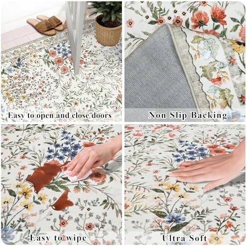 Large Washable Area Rug 12x15: Vintage Floral Distressed Botanical Rug - Machine Washable Non Slip Low Pile Soft Foldable Carpet - Great Room Open Concept Family Room Luxury Indoor Rug - 12'x15' Beige