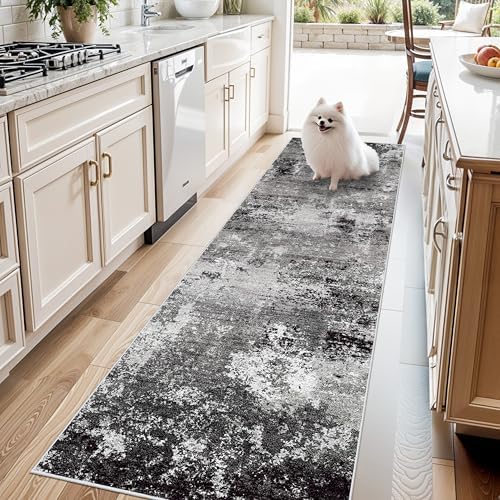 3x8 Washable Hallway Runner Non-Slip Abstract Modern Neutral Wide Carpet Runner for Kitchen Floor, Entryway, Bedroom, Living Room Soft Low-Pile Thin Rubber Backing (Black Grey, 3x8)