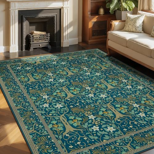 Joydeco Washable Large Area Rug 8x10, Boho Floral Rugs for Living Room Non Slip, Soft Low-Pile Botanical Forest Indoor Floor Throw Carpet for Dining Home Office Playroom
