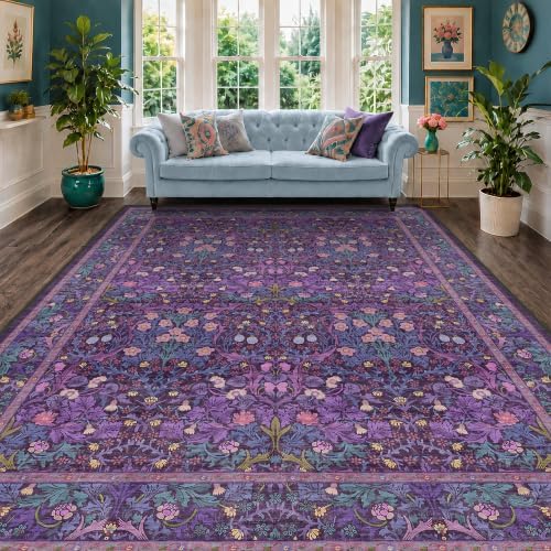 Machine Washable Dark Plum Purple Area Rug 8x10 Vintage Botanical Pattern