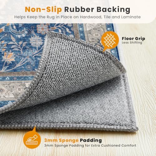 SameBed 8x10 Area Rug Living Room, Vintage Washable Carpet Blue