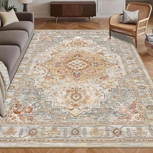 Washable Area Rug 9' x 12' Vintage Traditional Persian Mat - Foldable Distressed Non-Slip Machine Washable Carpet for Living Room Bedroom Kitchen Home Decor - Dove Gray and Coral