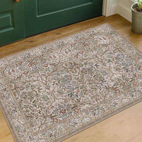 Moss Green Washable 2x3 Entry Rug - Front Door Rugs Indoor, Vintage Floral Style Small Rug for Kitchen, Bathroom, Non-Slip Boho Vintage Dark Taupe Entryway Décor