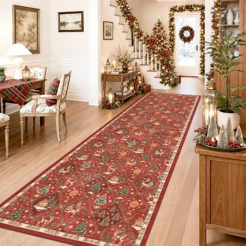 Christmas 3x10 Runner Rugs for Hallway, Red Non Slip Washable Kitchen Rug