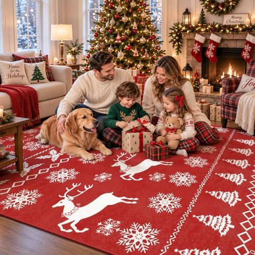 2x3 Christmas Holiday Area Rug, Washable Non‑Slip Low‑Pile Xmas Small Rug for Entryway Foyer Hallway Kitchen, Winter Indoor Christmas Home Decor(Red Sweater Deer)
