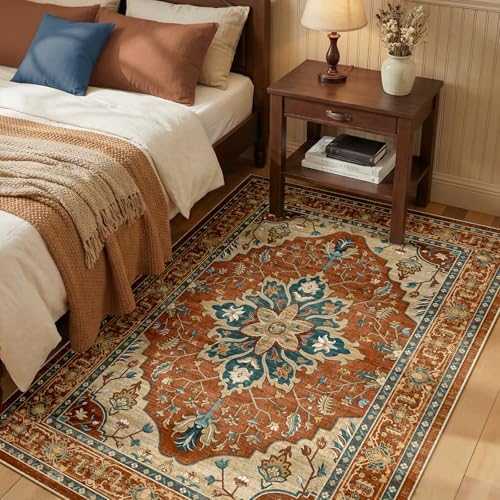 RELEANY Washable Area Rug, 3'x5', Red/Orange/Blue/Brown