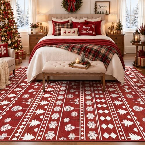 5x7 Christmas Holiday Area Rug, Washable Non‑Slip Low‑Pile Xmas Large Rugs for Living Room Bedroom Dining Room, Winter Indoor Christmas Home Decor(Red Sweater Bauble)
