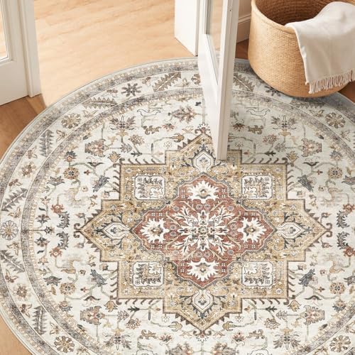 cotiled 6ft Round Living Room Area Rug, Washable, Traditional, Golden Taupe