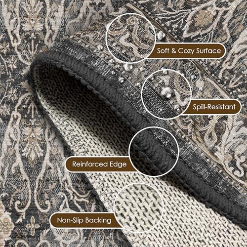 Washable Area Rug 8' x 10' Vintage Traditional Persian Mat - Foldable Distressed Non-Slip Machine Washable Carpet for Living Room Bedroom Kitchen Home Decor - Ebony and Taupe