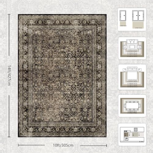 10x14 Area Rugs for Living Room - Washable Vintage Retro Large Rug, Soft Ultra Thin Non Slip Low Pile Traditional Distressed Boho Carpet for Bedroom Dining Room Home Office, Brown