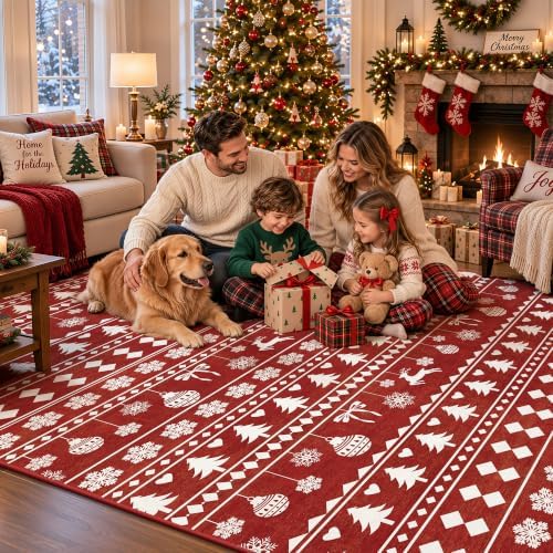 5x7 Christmas Holiday Area Rug, Washable Non‑Slip Low‑Pile Xmas Large Rugs for Living Room Bedroom Dining Room, Winter Indoor Christmas Home Decor(Red Sweater Bauble)