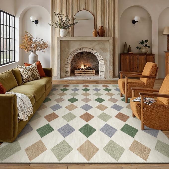 PureCozy 6x9 Washable Area Rug Living Room Large Non Slip Checkered Rugs