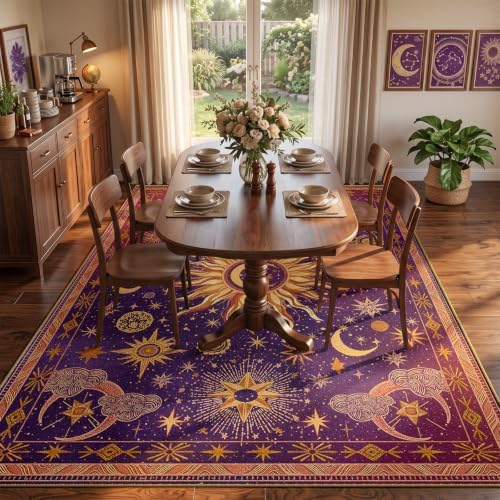 Vacuum-Friendly, 5x7 Washable Area Rug, Purple Red Gold