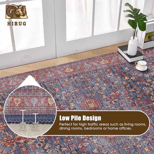 Washable Area Rug 6' x 9' Vintage Traditional Persian Mat - Foldable Distressed Non-Slip Machine Washable Carpet for Living Room Bedroom Kitchen Home Decor - Indigo and Crimson
