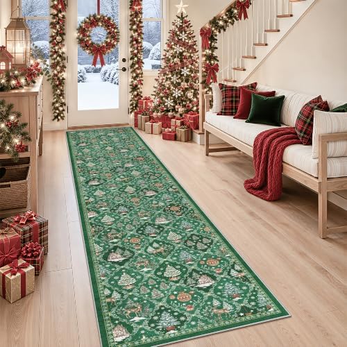 Christmas 2x10 Runner Rugs for Hallway, Green Non Slip Washable Kitchen Rug