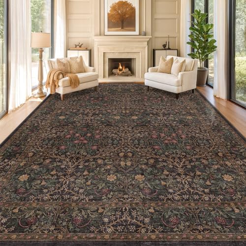 Hazo Haus Dark Brown 10x14 Area Rugs for Living Room - Extra Large Vintage Western Unique Neutral Floral, Washable Low Pile Non-Slip Soft Thin Area Rug for Dining Under Table, Bedroom Under Bed