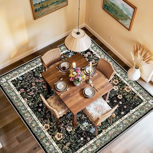 6x6 Washable Area Rug Living Room: Floral Non-Slip Washable Mat for Indoor Floor Dining Room Bedroom High Traffic Area - Soft Low Pile Carpet for Vintage Boho Home Decor (6ft Square, Beige)