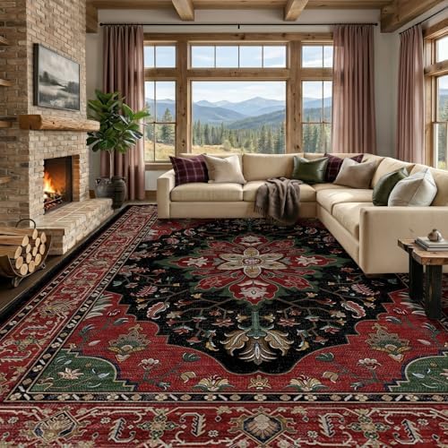 RELEANY Washable Area Rug, Large 10'x12', Red/Black