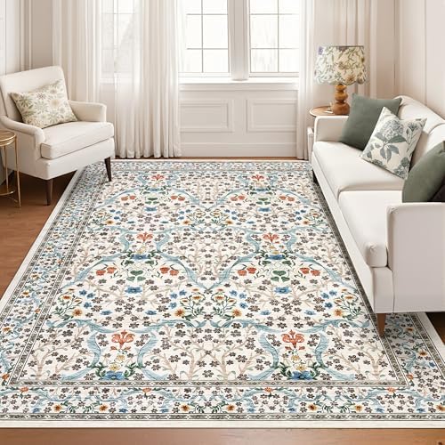 GarveeHome Washable Rug for Living Room, 9x12 Large Area Rug for Dining Room Under Table, Bedroom, Floral Soft Low Pile Non Slip Stain Resistant Carpet for Nursery, Playroom, Office, Beige