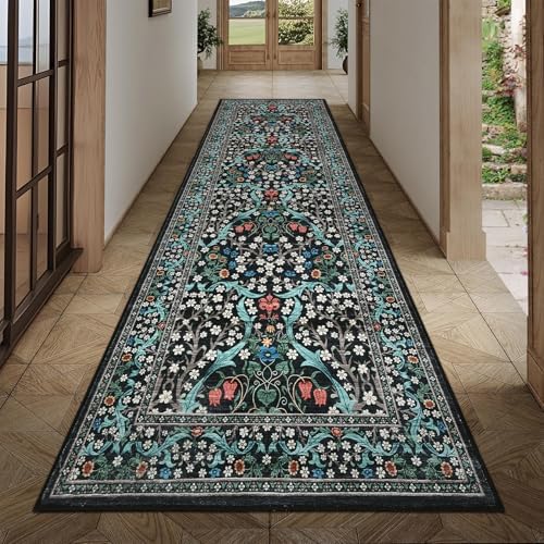 GarveeHome Floral Hallway Runner Rug, 2.5x8 Kitchen Runner Rugs, Washable Non Slip Entryway Rugs Indoor, Ultra-Thin Stain Resistant Carpet Floor Mat for Laundry Room, Black
