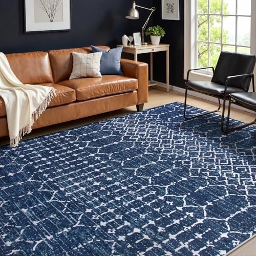 Lahome Moroccan Living Room Rug 9x12 Non-Slip Washable Ultra-Thin Soft Large Area Rug, Modern Geometric Print Stain Resistant Carpet for Bedroom Dining Room, Blue Hana