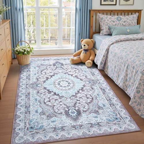 Macgace Washable Vintage Small Area Rug for Bedroom, 3x5 Rugs Blue & Brown
