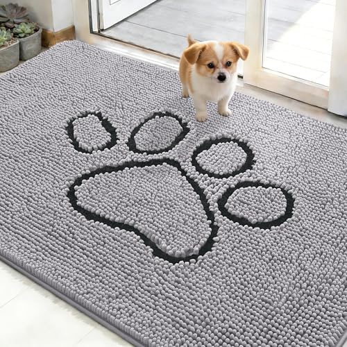 OLANLY Dog Door Mat for Muddy Paws 48x30, Paw Print Design Chenille Mud Mat