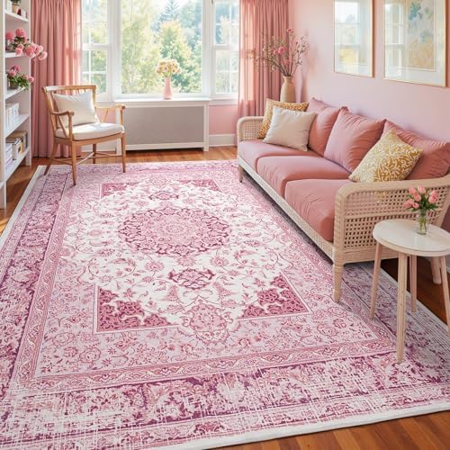 Macgace Washable Vintage Area Rug for Living Room, 5x7 Rugs Bright Pink