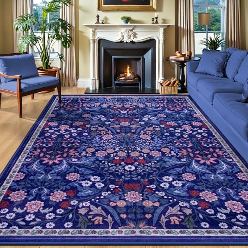 PLHXFR Area Rug 10x14 Living Room: Floral Washable Boho Soft Carpet Blue