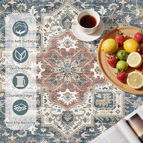 cotiled 2x3 Area Rug for Living Room, Washable, Traditional, Vintage Blue