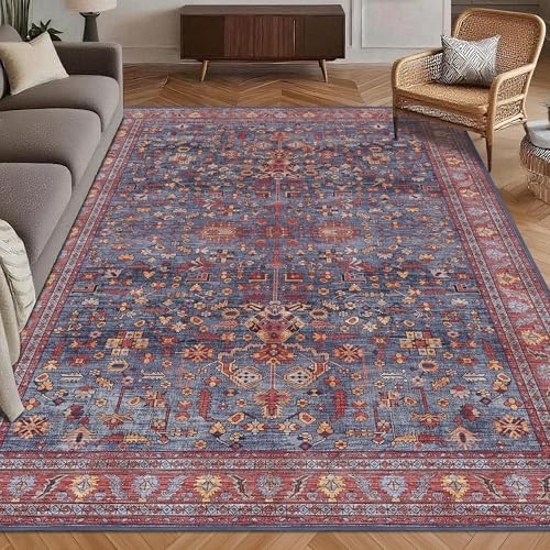 Washable Area Rug 6' x 9' Vintage Traditional Persian Mat - Foldable Distressed Non-Slip Machine Washable Carpet for Living Room Bedroom Kitchen Home Decor - Indigo and Crimson