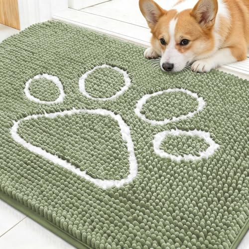 OLANLY Dog Door Mat for Muddy Paws 44x24, Paw Print Design Chenille Mud Mat