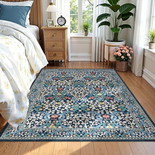 GarveeHome Blue Floral 3x5 Washable Area Rug for Nursery Bedroom