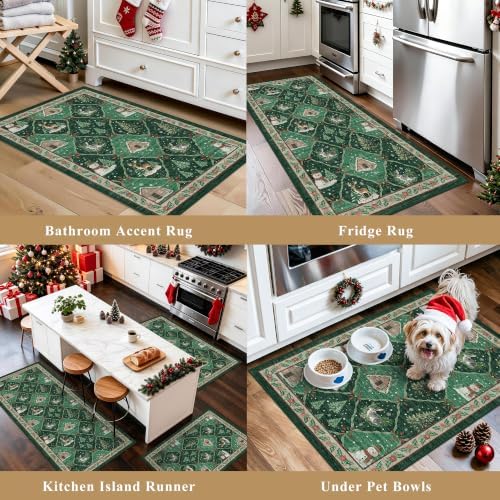 Christmas Decorations Kitchen Rugs Set of 3: Washable Non-Slip Kitchen Mat for Floor Snowman and Gnome Soft Vintage Farmhouse Runner Rug for Sink Floor Mats ＆Indoor, Hallway, Entryway, (Green)