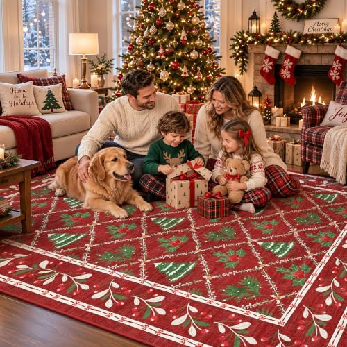 Red Christmas Rug 5x7 for Living Room, Bedroom, Playroom, Nursery Room Machine Washable Low Pile with Non-Slip Backing Christmas Decor for Home (Xmas Red)