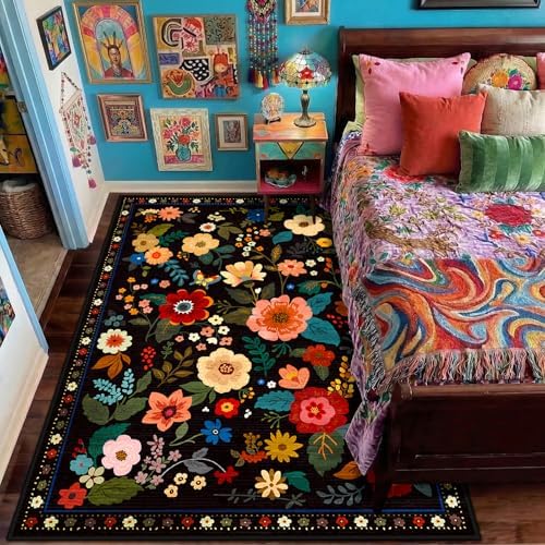 RELEANY Floral Washable 3x5 Area Rugs Black