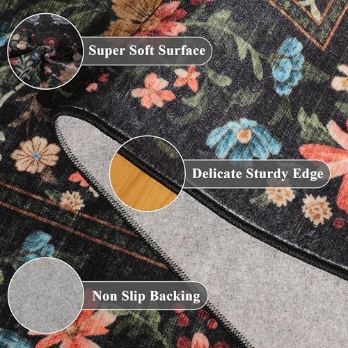 DUKINO 2x10 Runner Rug, Washable Vintage Floral Kitchen Rug, Black