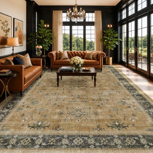 Washable 9x12 Living Room Rug - Vintage Extra Large Area Rugs for Dining Room Under Table, Rustic Brown and Charcoal Olive Low Pile Carpet for Bedroom Under the Bed, Non-Slip Stain & Fade Resistant