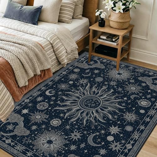Vacuum-Friendly, 4x6 Washable Area Rug, Blue Gray White