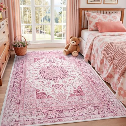 Macgace Washable Vintage Area Rug for Living Room, 6x9 Rugs Bright Pink